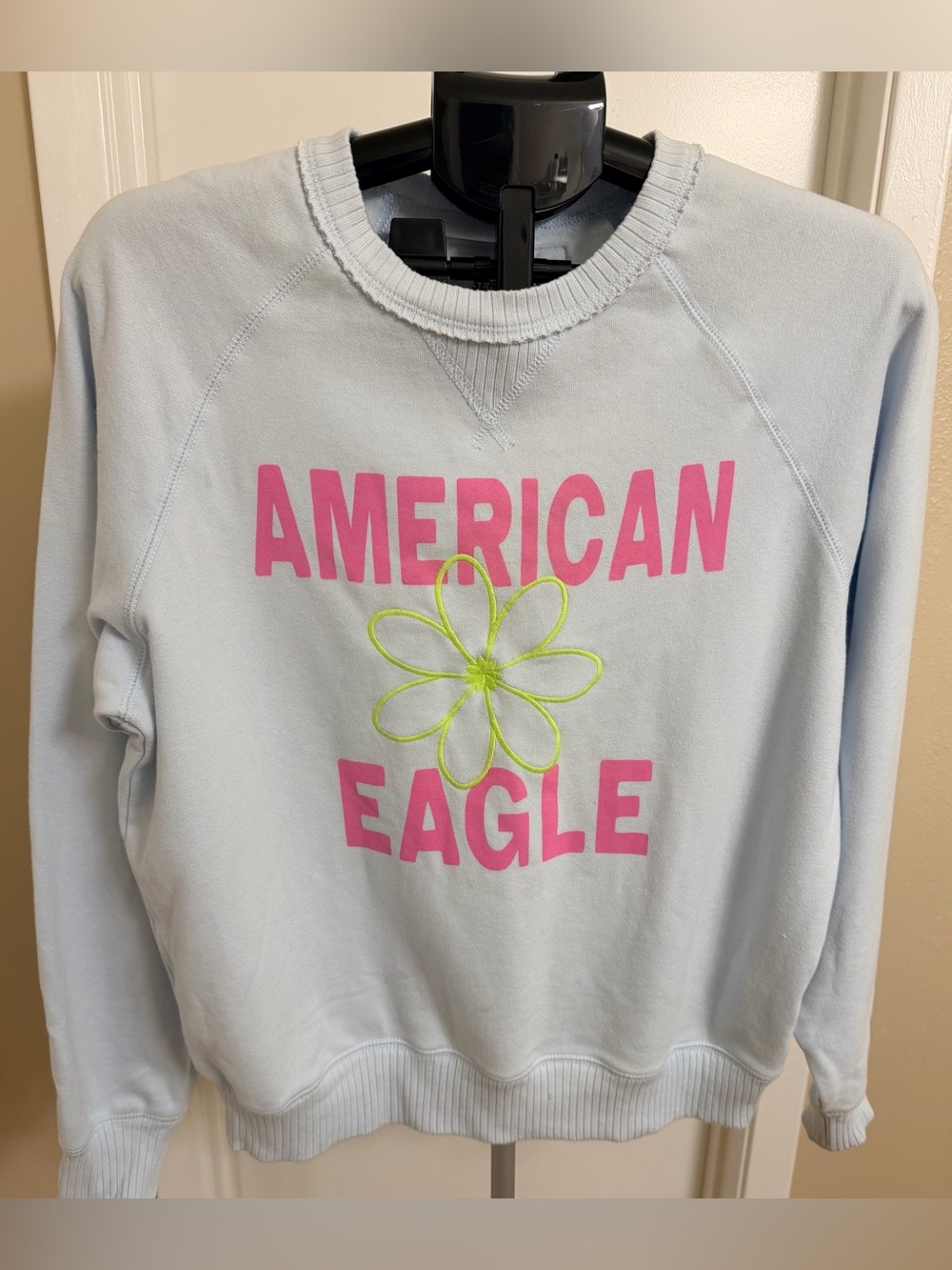 American Eagle Outfitters Light Blue Crewneck Sweatshirt with Pink Logo